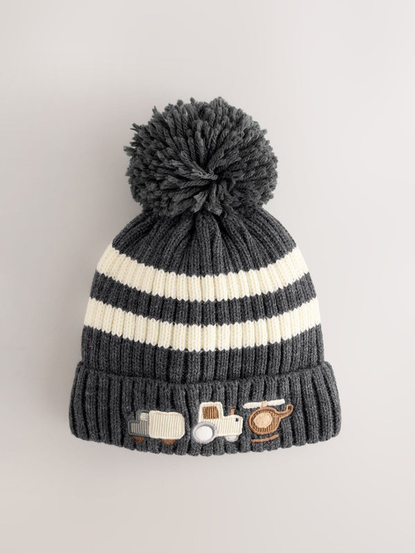 Grey/White Vehicles Embroidered Pom Beanie Hat (3mths-10yrs)