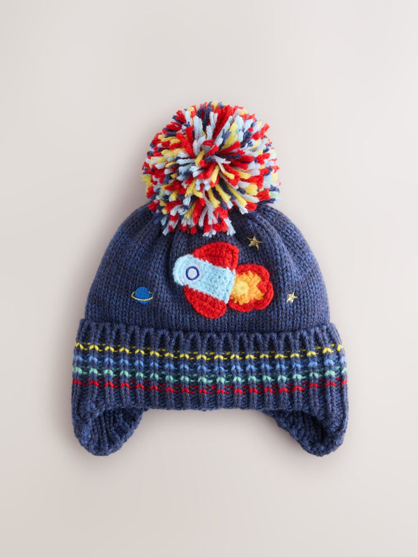 Navy Rocket Ear-Cover Pom Beanie Hat (3mths-10yrs)
