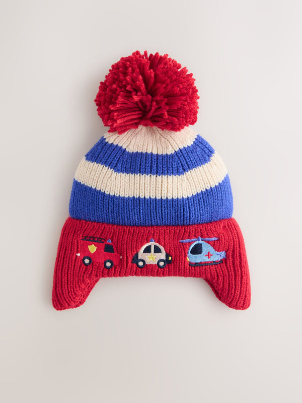 Red/Blue Emergency Vehicles Ear-Cover Pom Beanie Hat (3mths-10yrs)