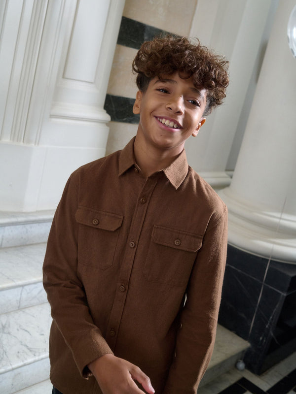 Tan Brown Long Sleeve Plain Double Pocket Shirt (3-16yrs)