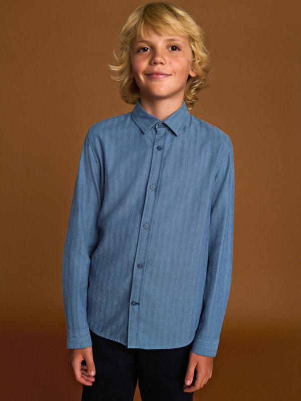 Blue Long Sleeve Herringbone Shirt (3-16yrs)