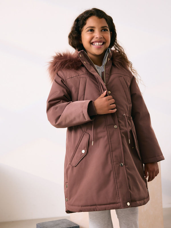 Mocha Brown Waterproof Faux Trim Padded Parka (3-16yrs)