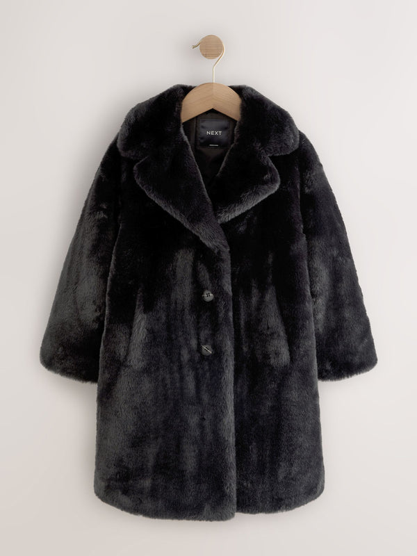 Black Faux Fur Longer Length Coat (3-16yrs)