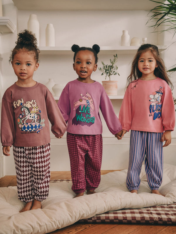 Pink/Purple Fun days Print Joggers Pyjamas 3 Pack (9mths-10yrs)