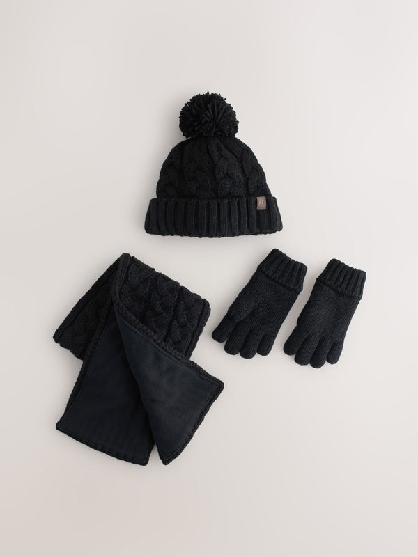 Black Cable Knit Hat Gloves & Scarf 3 Piece Set (3-16yrs)