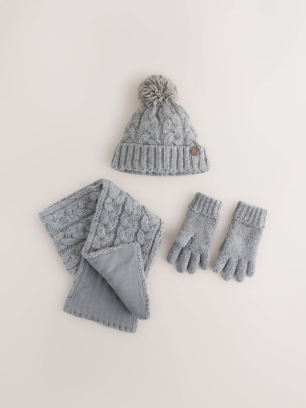 Grey Cable Knit Hat Gloves & Scarf 3 Piece Set (3-16yrs)
