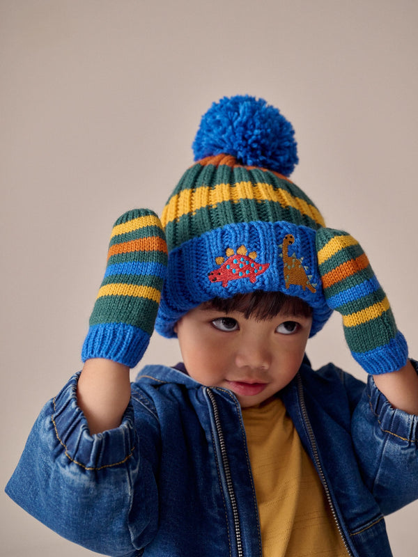 Multi Colour Embroidered Pom Beanie Hat & Mittens 2 Piece Set (3mths-10yrs)