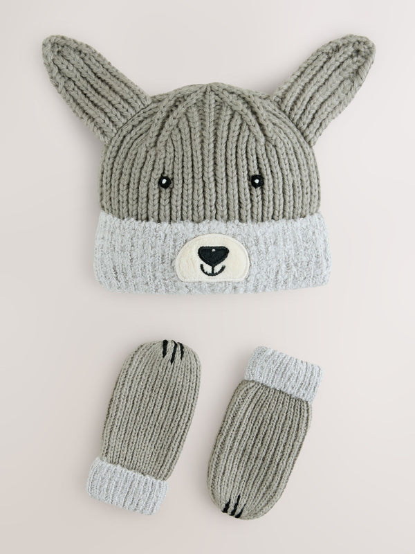 Grey Dog Hat & Mittens 2 Piece Set (3mths-6yrs)