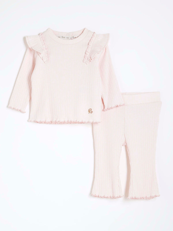 River Island Pink Baby Girls Frill Rib Top Set