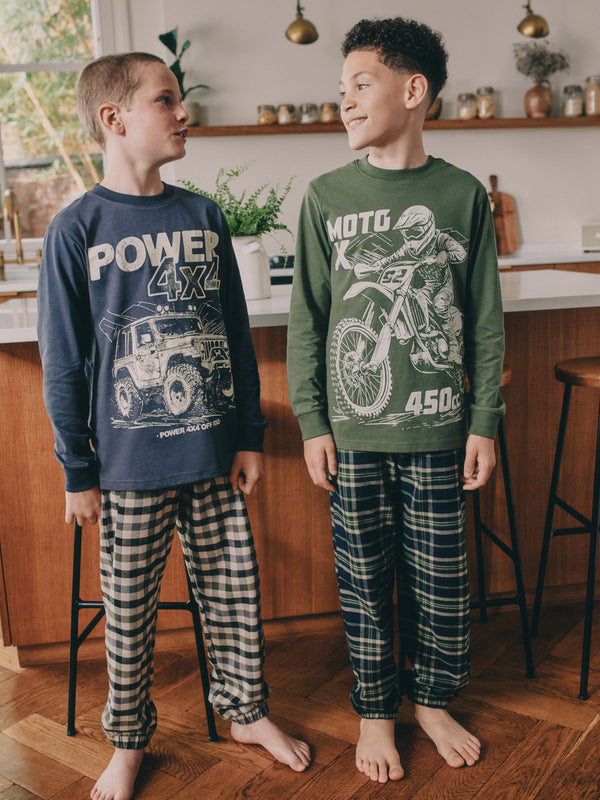 Blue/Green Vehicle Long Sleeve Woven Check Pyjamas 2 Pack (3-16yrs)