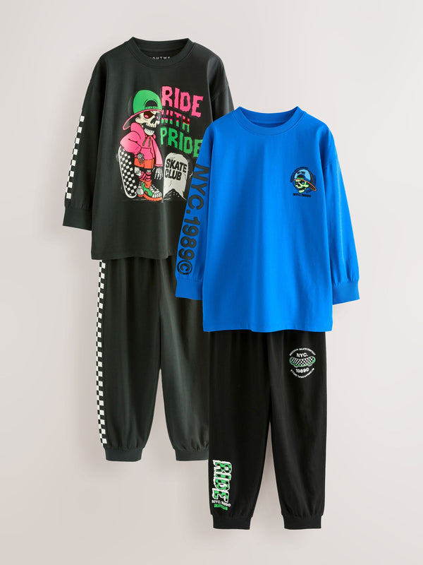 Blue/Black Skull Long Sleeve Pyjamas 2 Pack (3-16yrs)