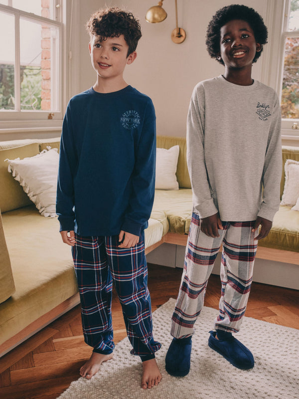 Grey/Blue Long Sleeve Woven Check Pyjamas 2 Pack (3-16yrs)