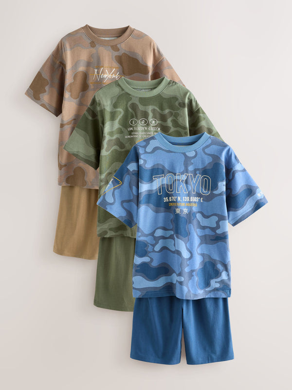 Blue/Green Camo Short Pyjamas 3 Pack (3-16yrs)