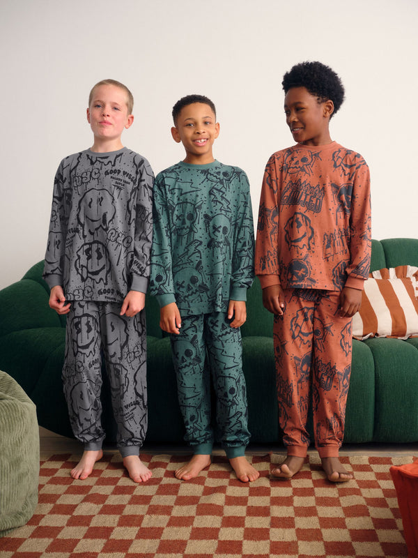 Green/Orange Graffiti Skull Long Sleeve Pyjamas 3 Pack (3-16yrs)