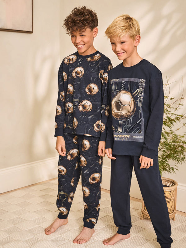 Black/Gold Football Long Sleeve Pyjamas 2 Pack (3-16yrs)