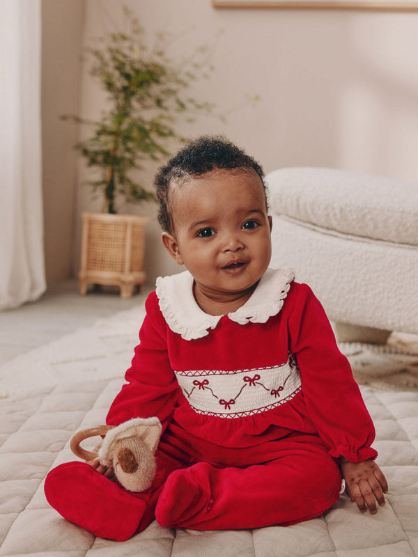 Red Bow Velour Baby Sleepsuit (0mths-2yrs)