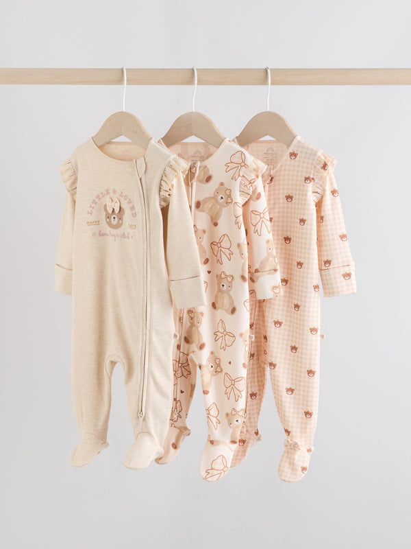 Neutral Bear Two Way Zip Baby Sleepsuits 3 Pack (0-2yrs)