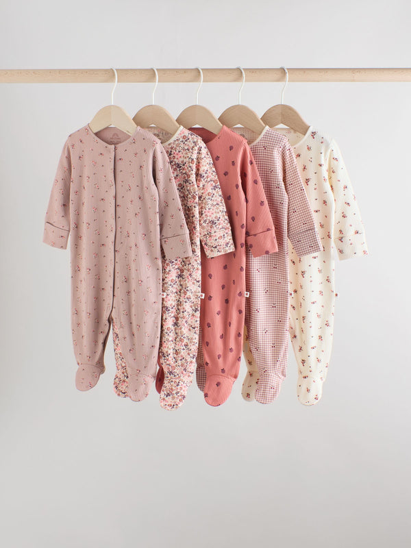 Pink/Rust Ditsy Floral Two Way Zip Baby Sleepsuits 3 Pack (0-2yrs)