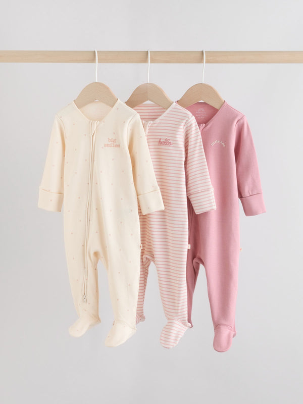 Pink Heart Two Way Zip Baby Sleepsuits 3 Pack (0-2yrs)