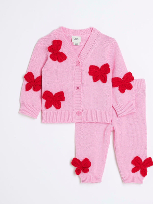 River Island Pink Baby Girls Pink Crochet Bow 100% Cotton Cardigan Set