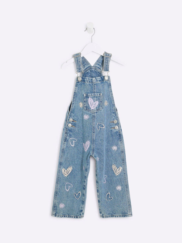 River Island Blue Girls Denim Heart 100% Cotton Dungaree