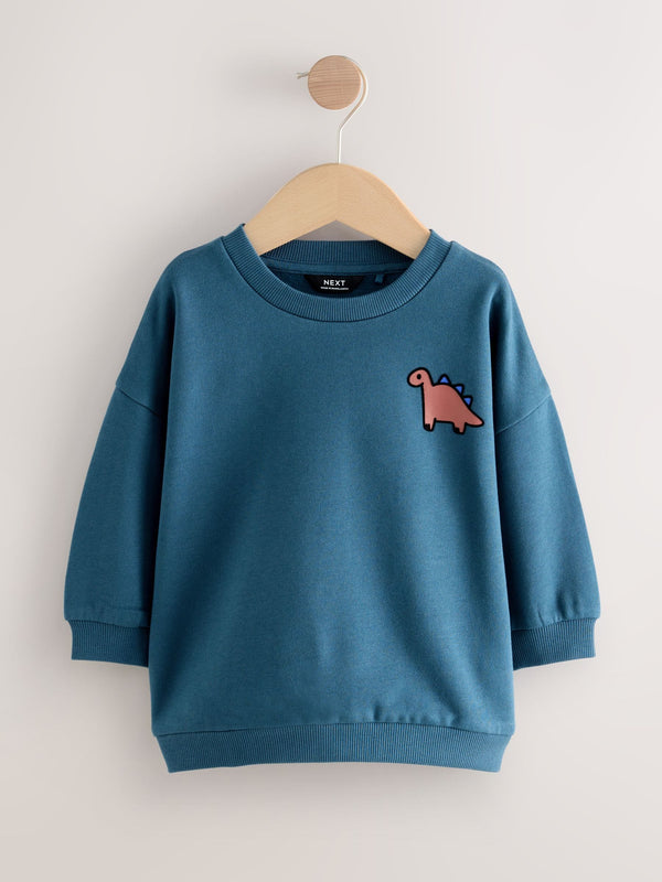 Blue Dinosaur Back Printed Crew Neck Jersey Sweatshirt (3mths-7yrs)