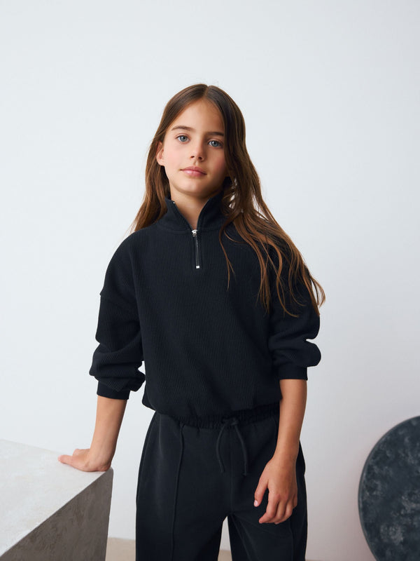Black Long Sleeve Textured Zip Sweat Top (3-16yrs)