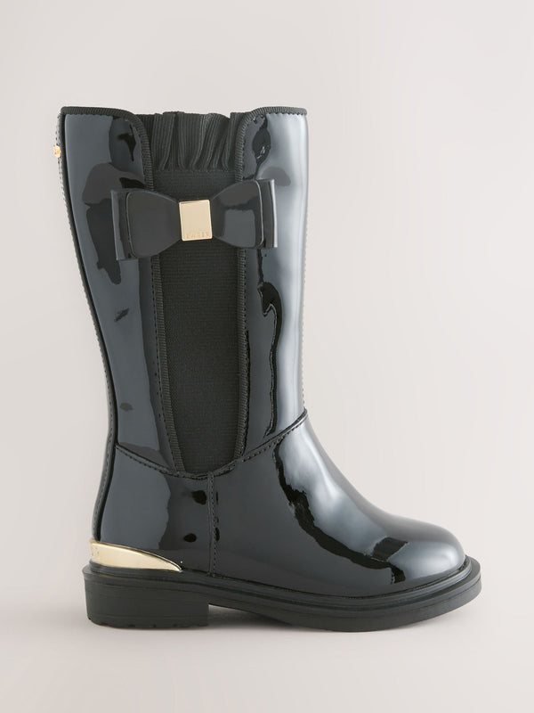 Baker by Ted Baker Girls Patent Tall Knee High Black Boots With Bow