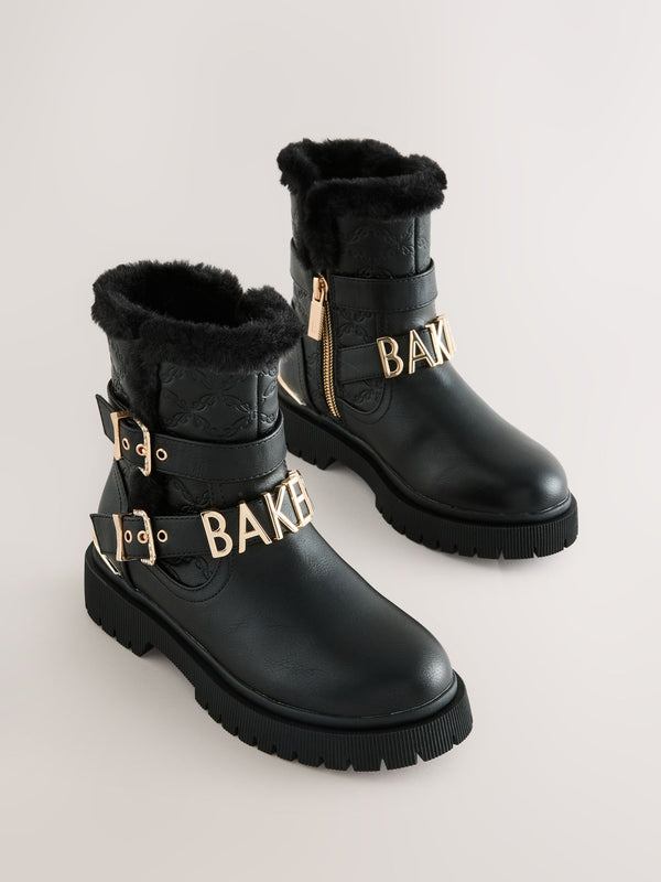 Baker by Ted Baker Girls Buckled Faux Fur Trim Chunky Boots