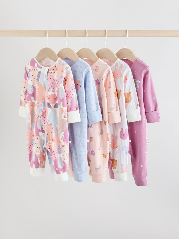 Pink Animal Character Two Way Zip Baby Sleepsuits 5 Pack (0mths-3yrs)