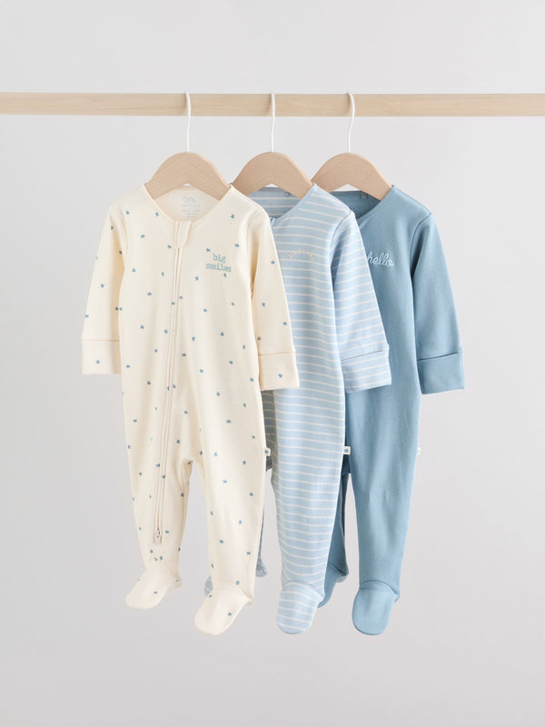 Blue Baby Two Way Zip Sleepsuits 3 Pack (0-2yrs)