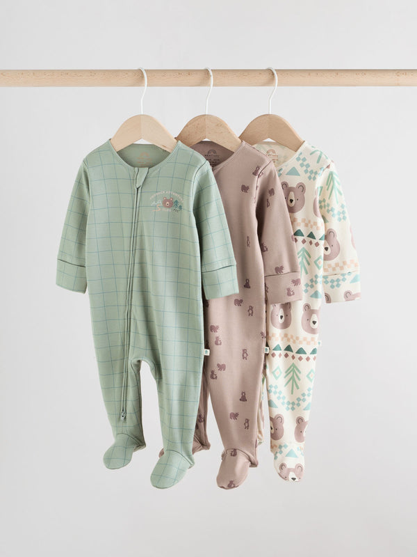 Sage Green Baby Two Way Zip Sleepsuits 3 Pack (0-2yrs)