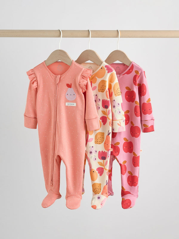 Autumn Fruit 3 Pack Two Way Zip Baby Sleepsuits (0-2yrs)
