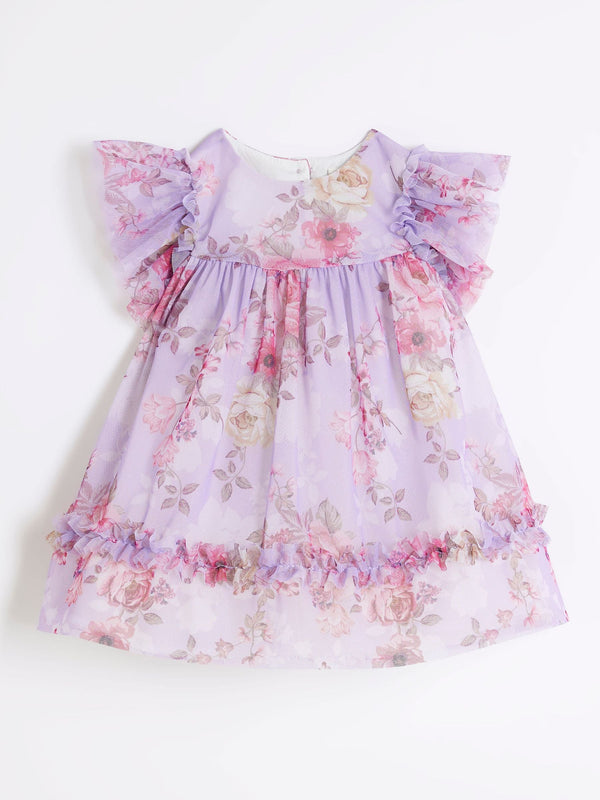 River Island Purple Rose Printed Mesh 100% Cotton Dress