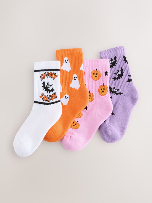 Pink/Orange 4 Pack Halloween Cotton Rich Cushioned Sole Ankle Socks
