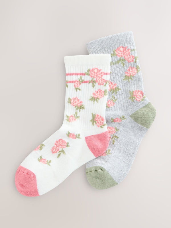 Cream Cotton Rich Cushioned Sole Floral Print Ankle Socks 2 Pack