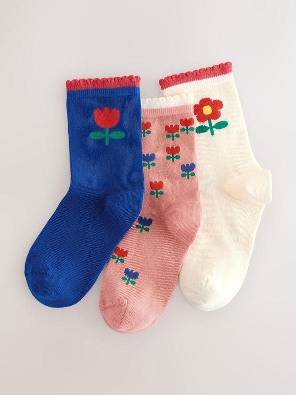 Blue and Ecru Cotton Rich Flower Print Ankle Socks 3 Pack