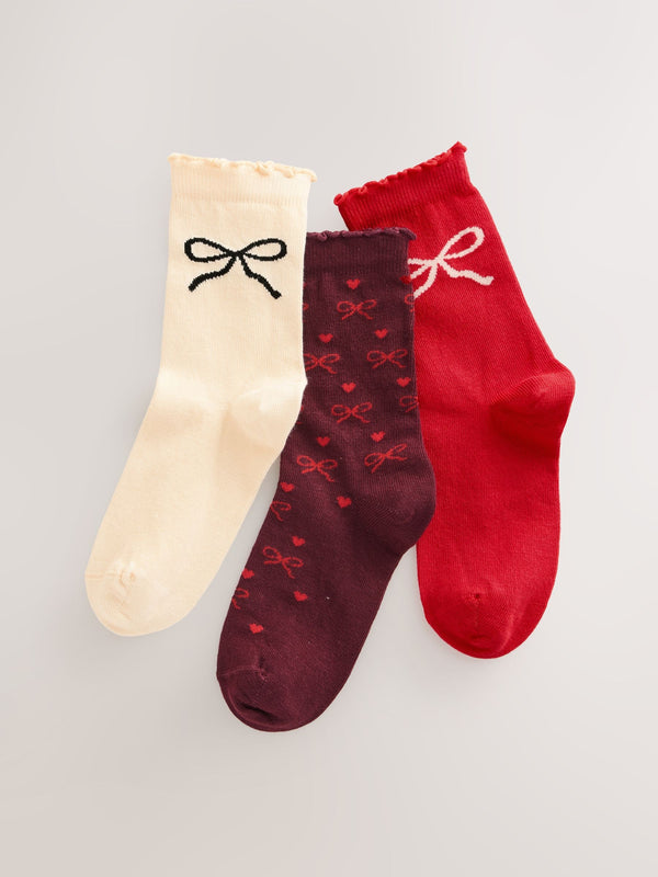 Red and Ecru Cotton Rich Bow Ankle Socks 3 Pack