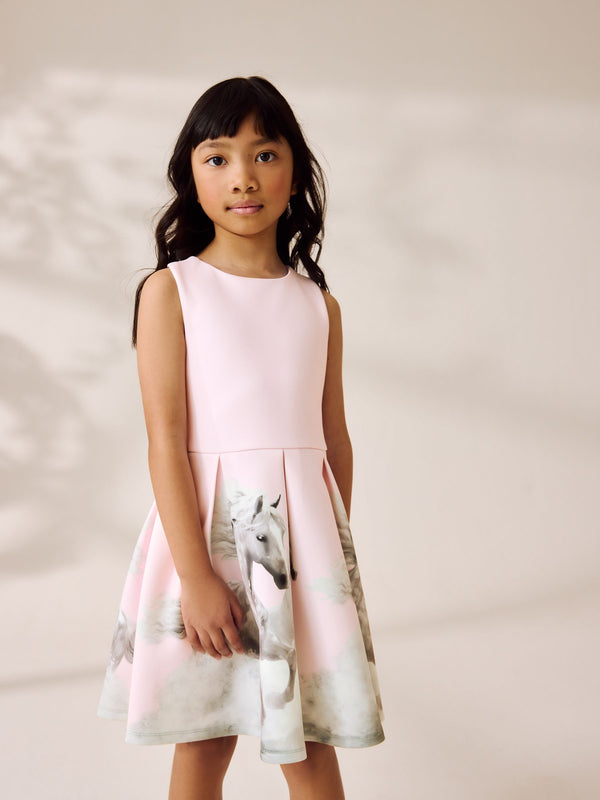 Pink Pony Print Cut Out Detail Scuba Occasion Dress (1.5-16yrs)