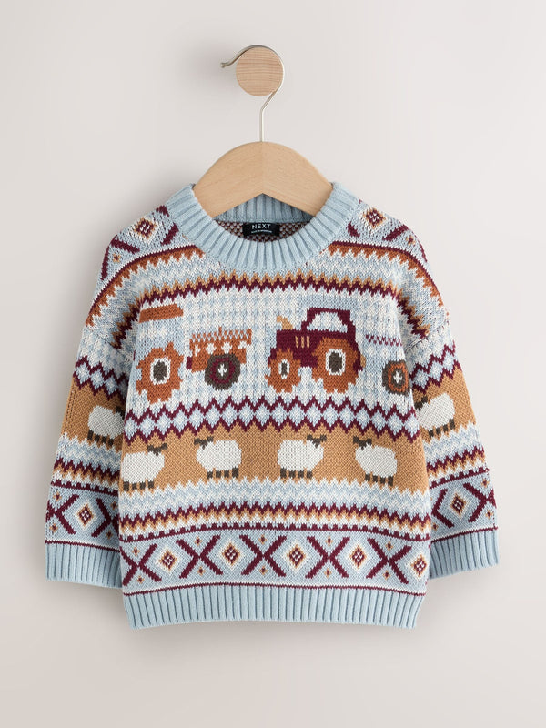 Light Blue Fairisle Pattern Knitted Crew Neck Jumper (3mths-7yrs)