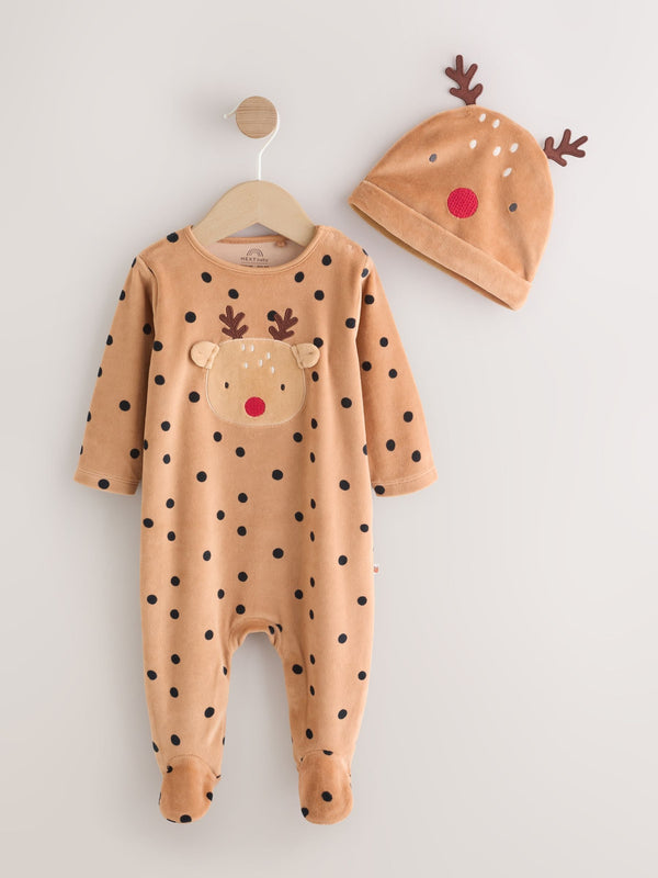 Brown Reindeer Baby Velour Christmas Dress Up Sleepsuit immediate