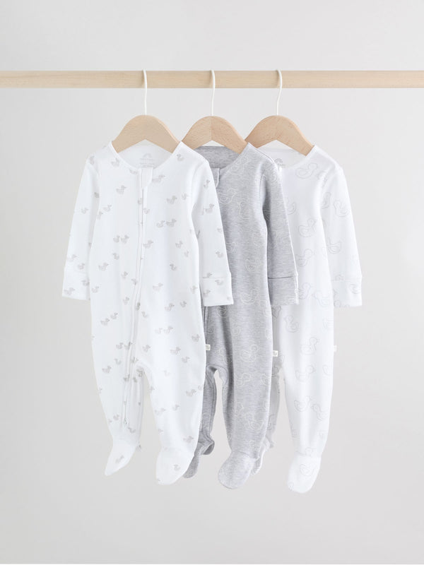 Grey Baby Two Way Zip Sleepsuits 3 Pack (0-2yrs)