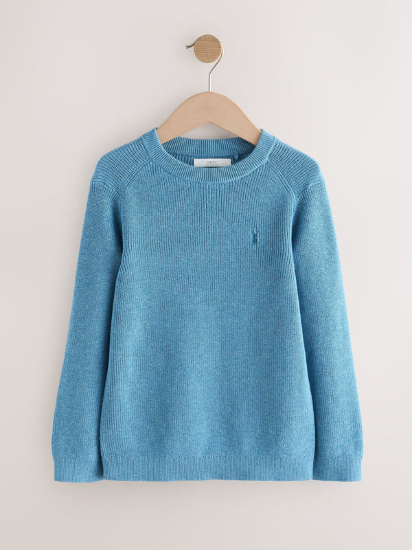 Blue With Stag Cotton Crew Neck Knitted Jumper (3-16yrs)