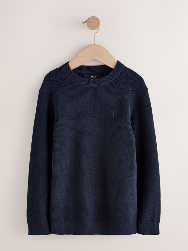 Navy Blue With Stag Cotton Crew Neck Knitted Jumper (3-16yrs)