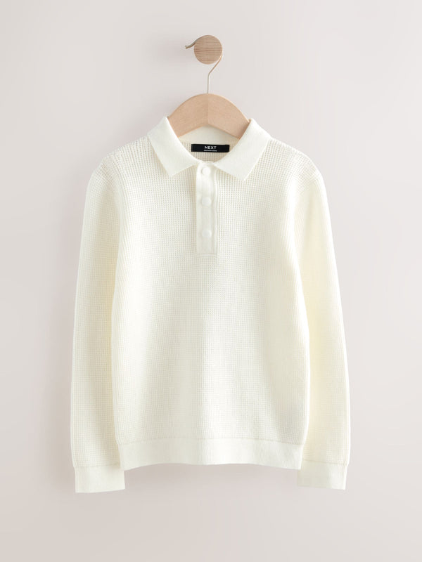 Ecru Cream Long Sleeve Textured Polo Shirt (3-16yrs)