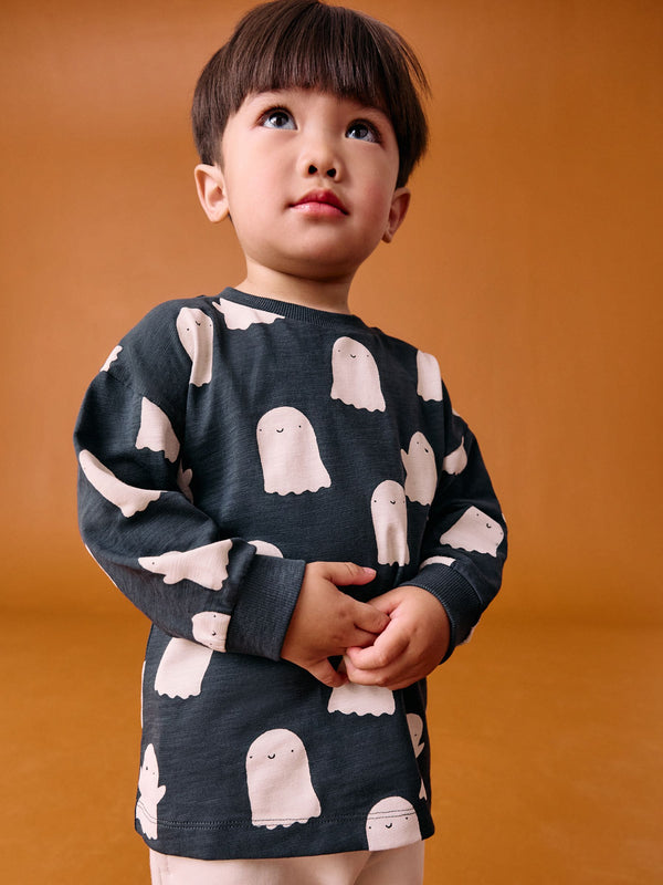 Grey/White Ghost All Over print Halloween Long Sleeve Graphic Print T-Shirt (3mths-7yrs)