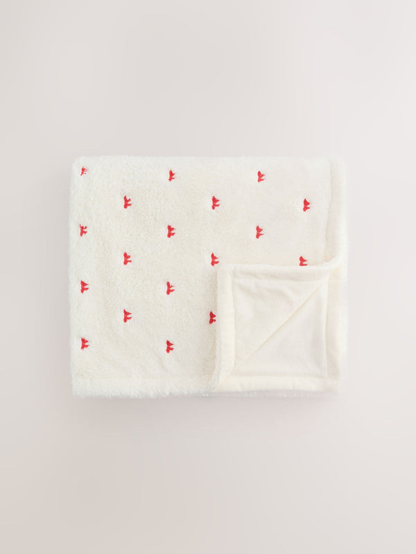 Ecru Red Bow Embroidered Baby Cosy Fleece Blanket