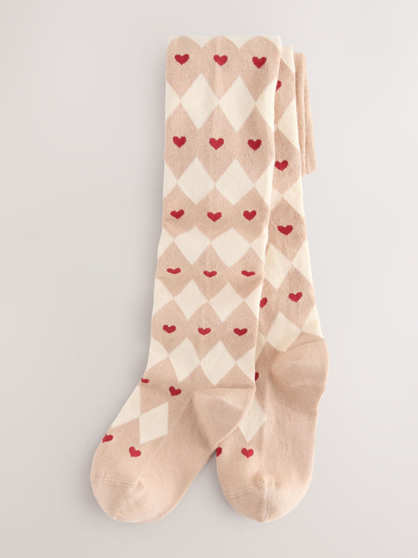 Cream/Red Cotton Rich Argyle Heart Print Tights