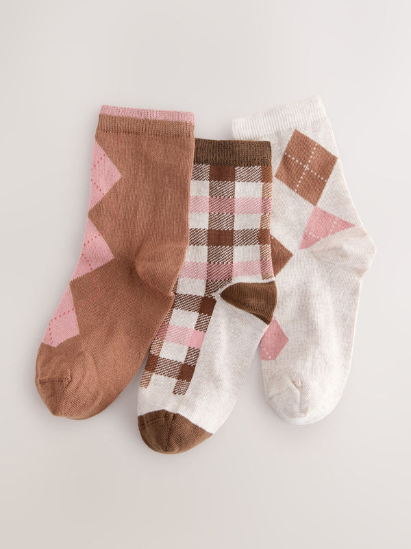 Chocolate Brown and Oatmeal Cotton Rich Argyle Ankle Socks 3 Pack