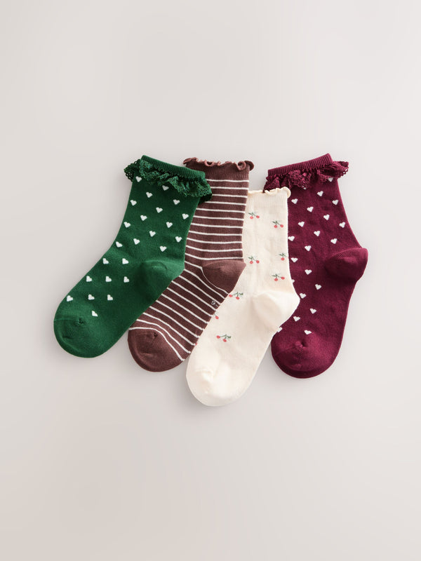 Red, Green,Cream and Brown Cotton Rich Frill/ Fluted Ankle Socks 4 Pack